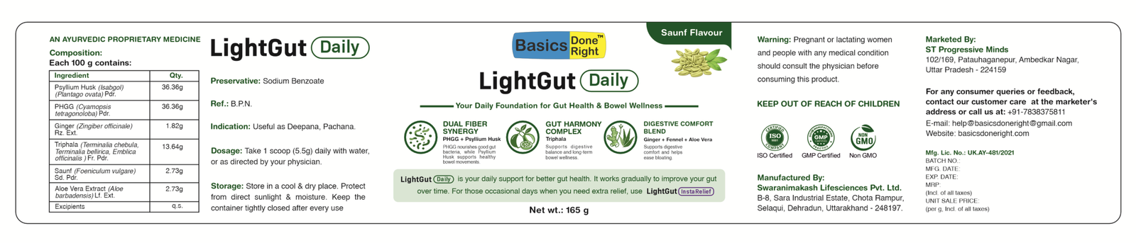 LightGut Daily Full Regulatory Supplement Label - Composition, Dosage, Manufacturer and Marketer Details