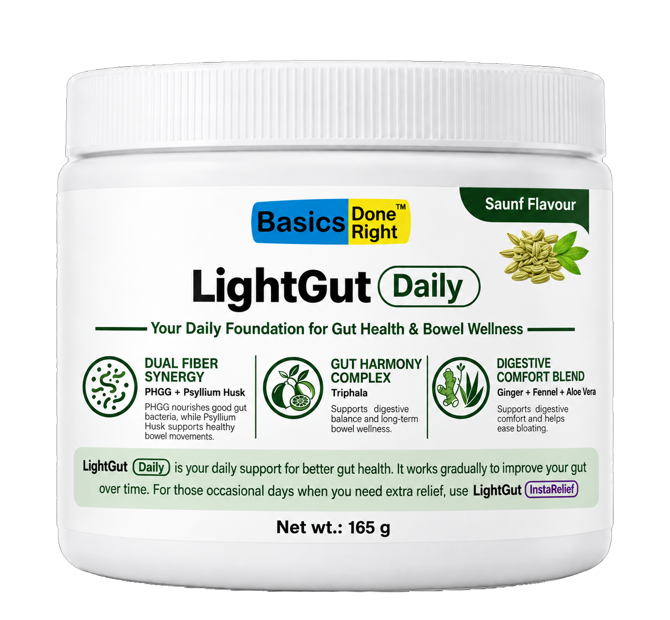 LightGut Daily 165g Jar - Saunf Flavour - Dual Fiber Synergy PHGG + Psyllium Husk, Triphala, Ginger + Fennel + Aloe Vera