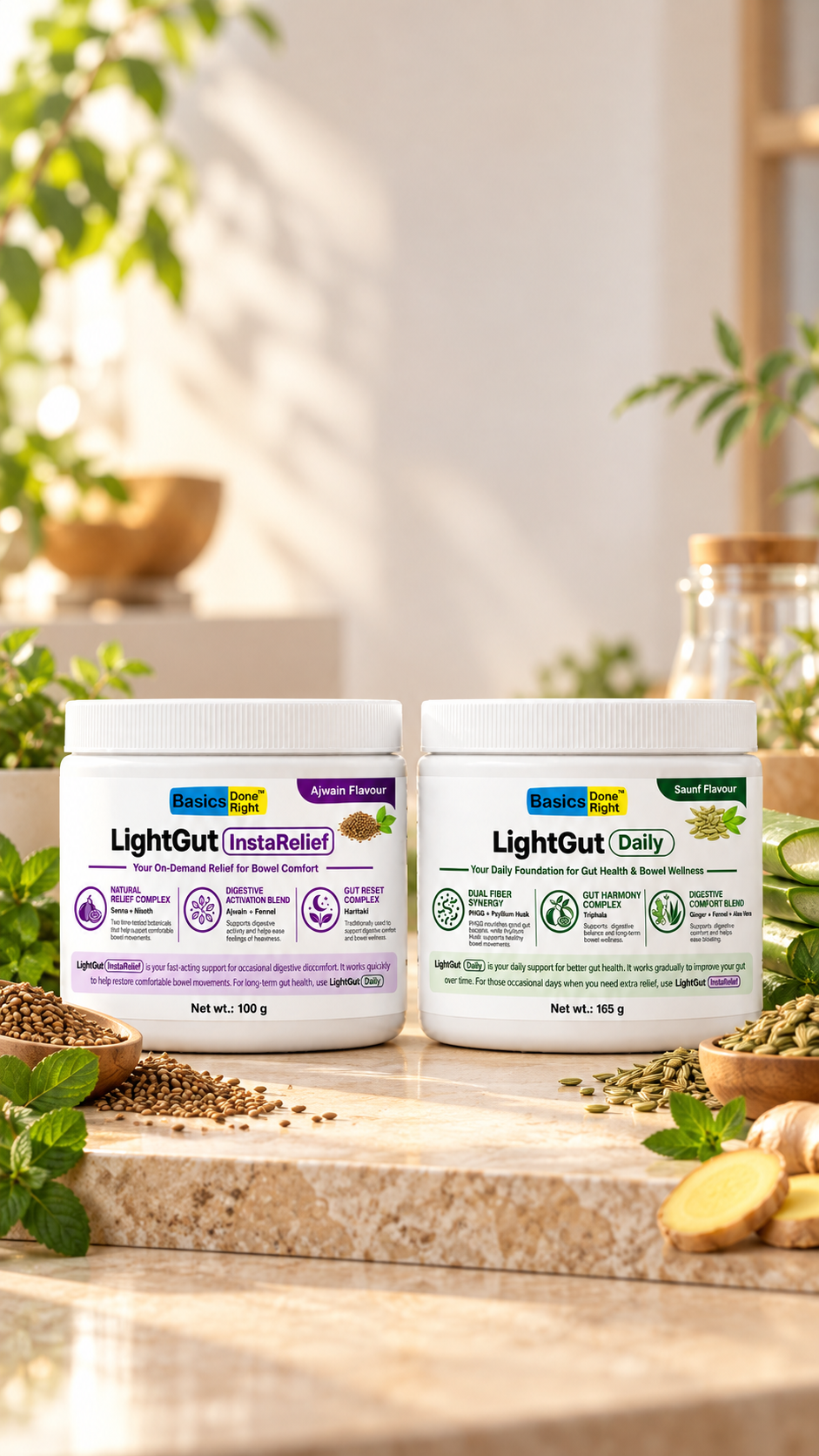 LightGut Dual-Action System Jars - LightGut InstaRelief and LightGut Daily surrounded by Ayurvedic herbs and fibers