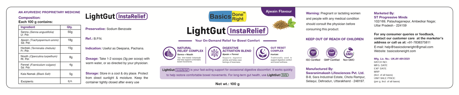 LightGut InstaRelief Full Regulatory Supplement Label - Composition, Dosage, Manufacturer and Marketer Details