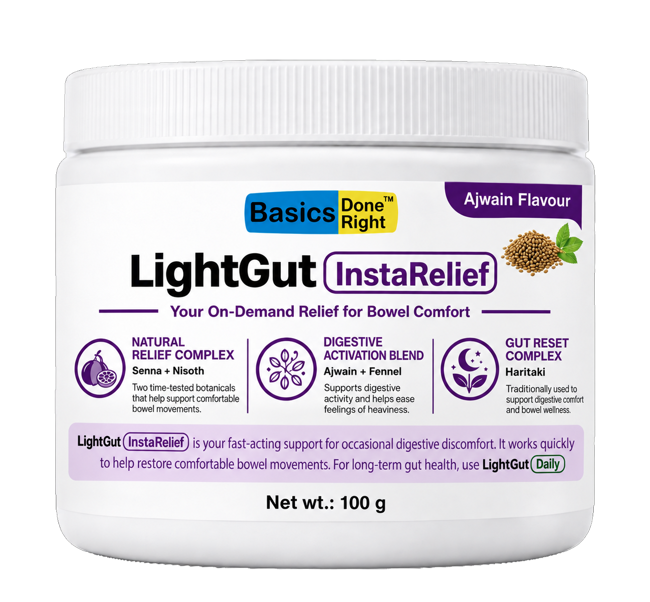 LightGut InstaRelief 100g Jar - Ajwain Flavour - Natural Relief Complex Senna + Nisoth, Ajwain + Fennel, Haritaki
